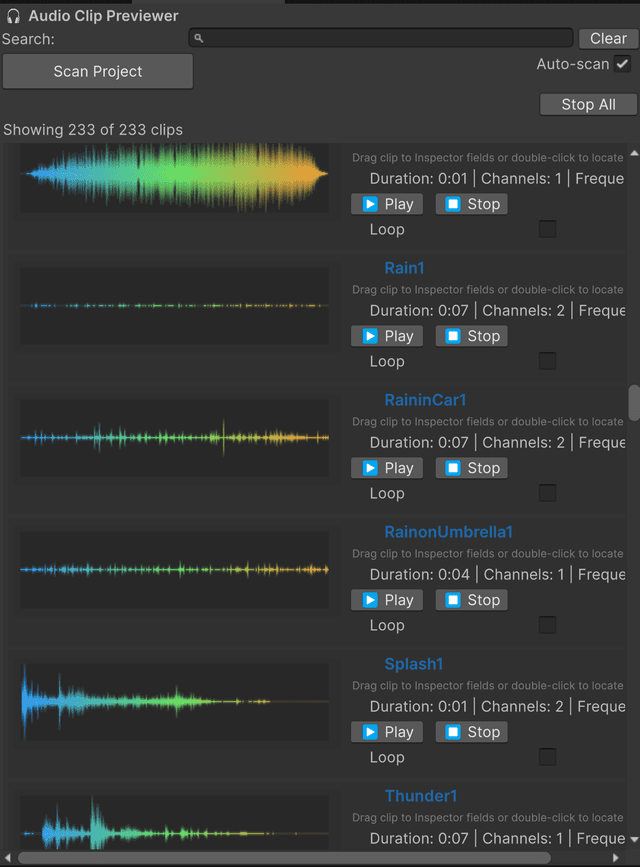 The audio previewer panel inside the Unity editor