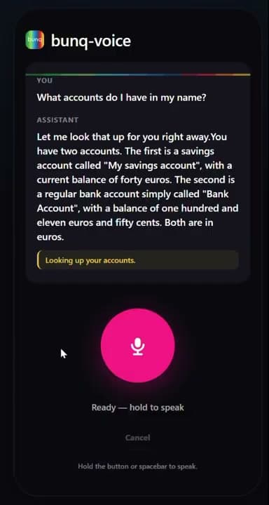 bunq Voice answering which accounts the user has: two accounts with their balances, read out loud