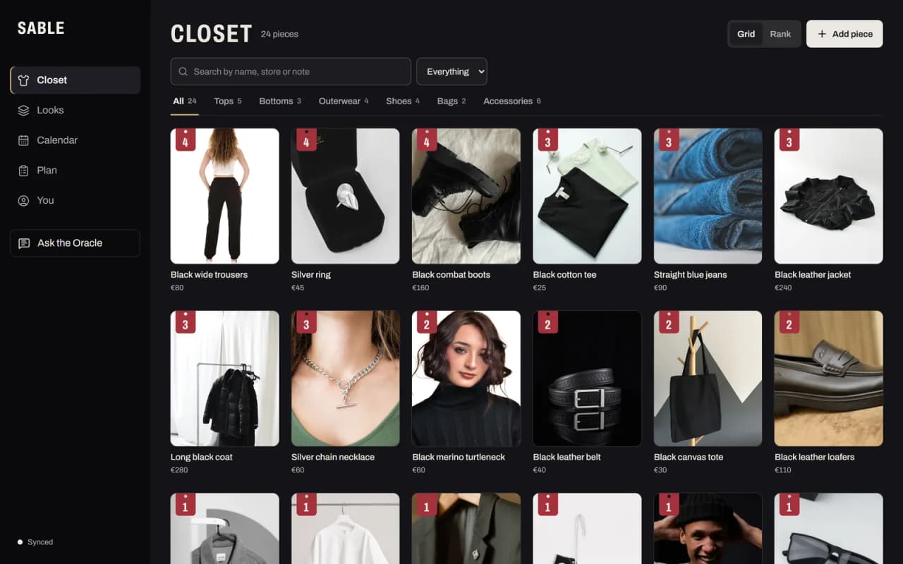 Sable's closet: a grid of photographed pieces, each with a red tag showing how many looks it opens, from black wide trousers at 4 down