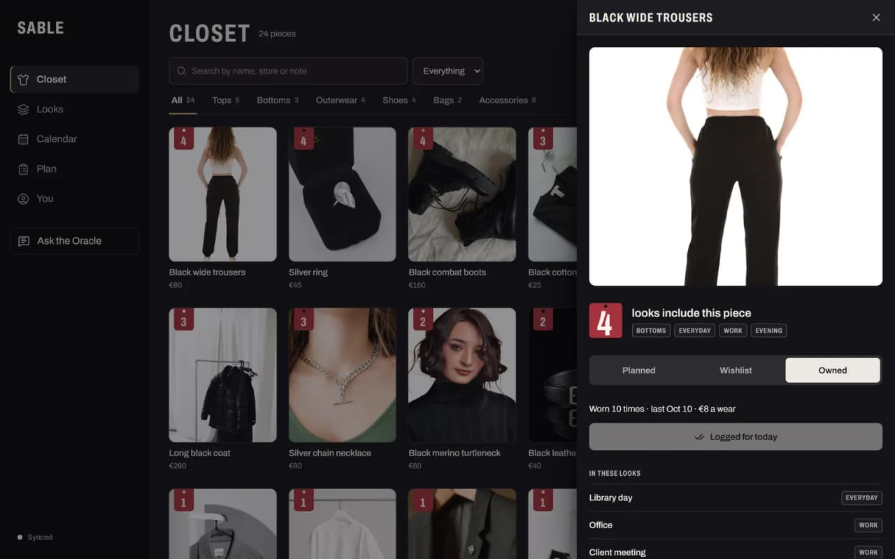A piece opened in Sable: black wide trousers, 4 looks include it, marked owned, worn 10 times at 8 euros a wear, with the looks it appears in